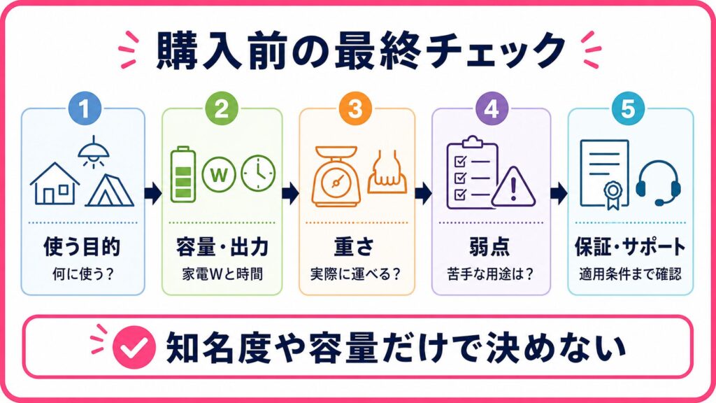 ポータブル電源購入前に確認する目的・容量・重さ・弱点・保証