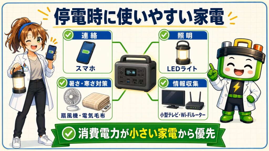 停電時にポータブル電源で使いやすいスマホやLEDライトなどの家電