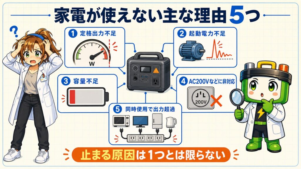 ポータブル電源で家電が使えない定格出力不足や起動電力不足など5つの理由