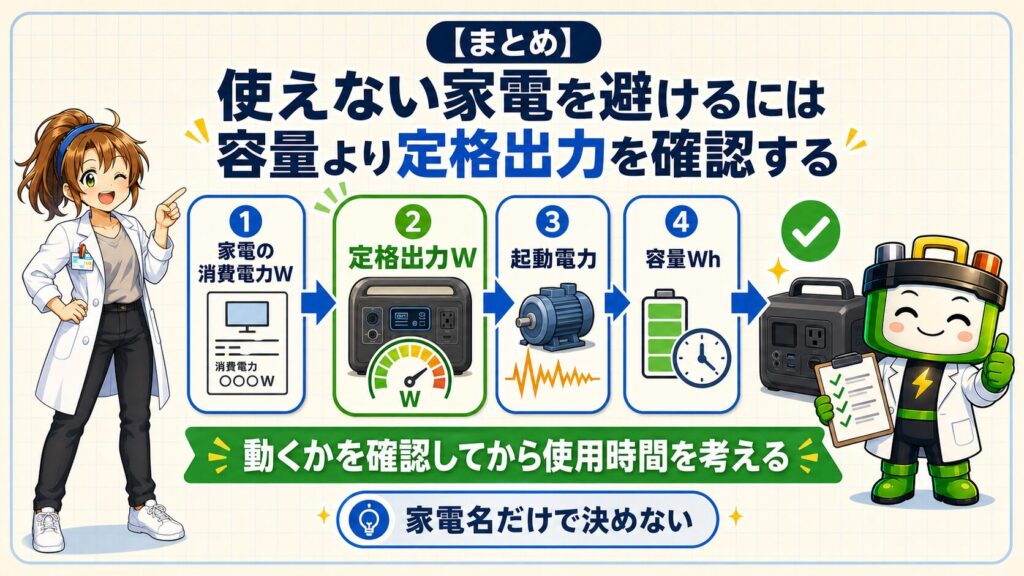 使えない家電を避けるために消費電力と定格出力を確認する順番