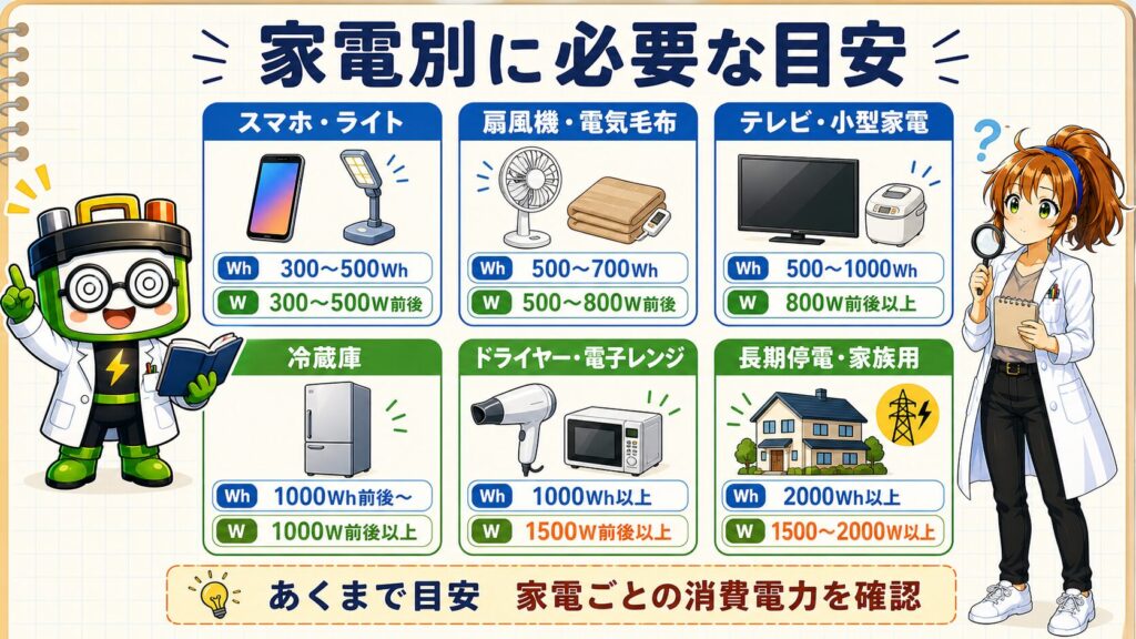 スマホや冷蔵庫など家電別に必要なポータブル電源の容量Whと定格出力Wの目安