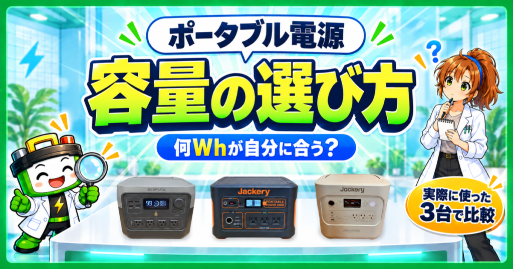 ポータブル電源の容量の選び方を、実際に使った3台で比較する記事のアイキャッチ
