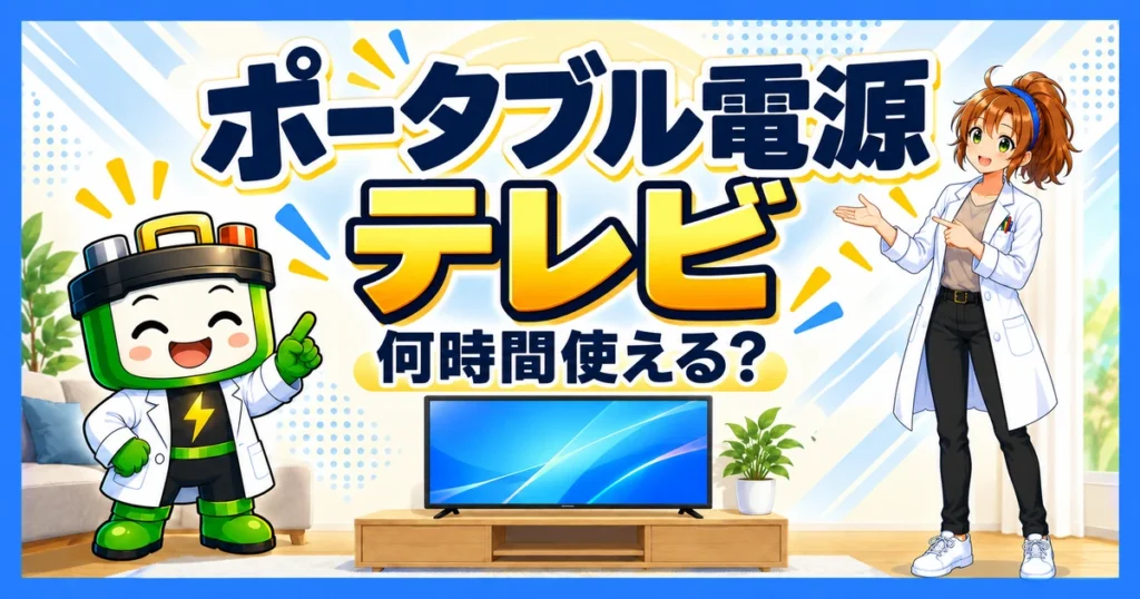 ポータブル電源でテレビは何時間使えるかを、ワット博士とヒカリちゃんが案内するアイキャッチ