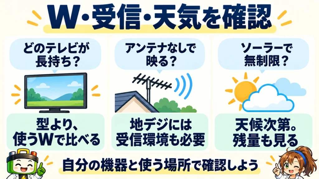 テレビのW、地デジの受信環境、太陽光の天候と残量を確認する