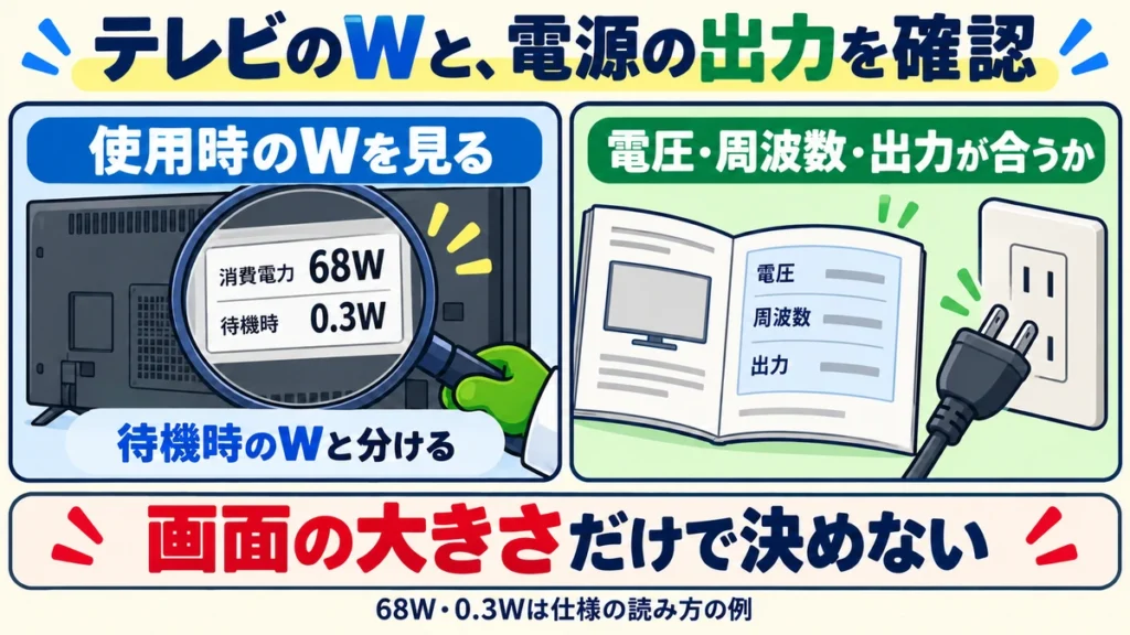 テレビの使用時のWと待機時のWを分け、電圧・周波数・出力条件を確認する