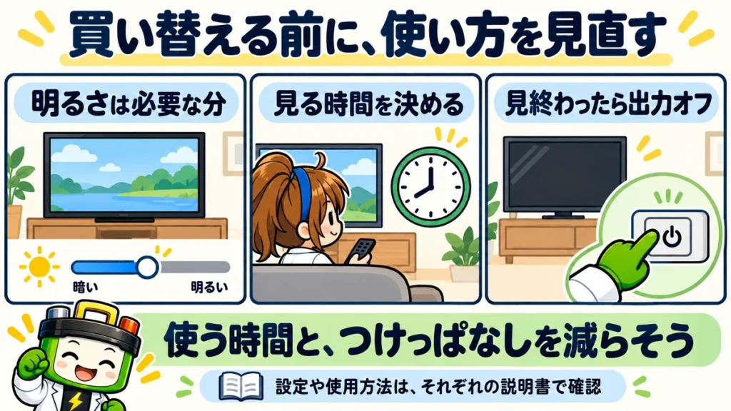 テレビの明るさを必要な分にし、見る時間を決め、見終わったら出力を切る