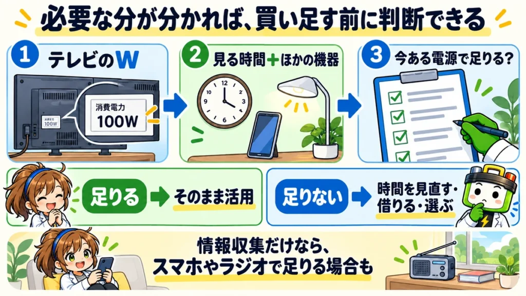 テレビのWと時間、ほかの機器の必要量を足し、今ある電源の活用・時間の見直し・レンタル・購入を判断する