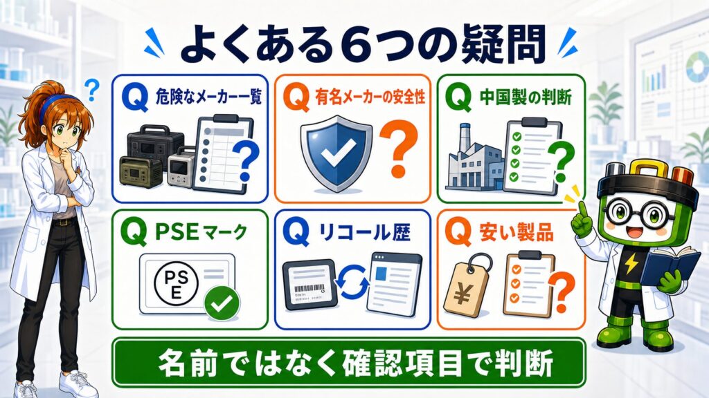 危険なメーカー一覧、有名メーカー、中国製、PSEマーク、リコール歴、安い製品に関する6つの疑問を整理したFAQ図解