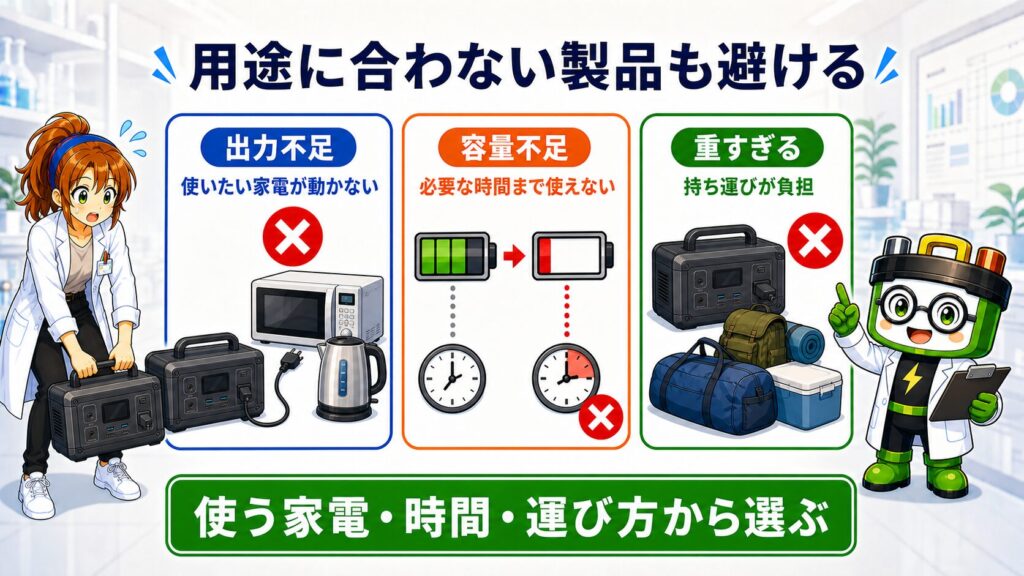 ポータブル電源の出力不足、容量不足、重すぎるという3つの用途ミスマッチを示し、使う家電・時間・運び方から選ぶ図解