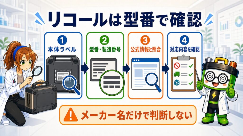 ポータブル電源の本体ラベルから型番と製造番号を確認し、公式のリコール情報と対応内容を照合する4ステップ
