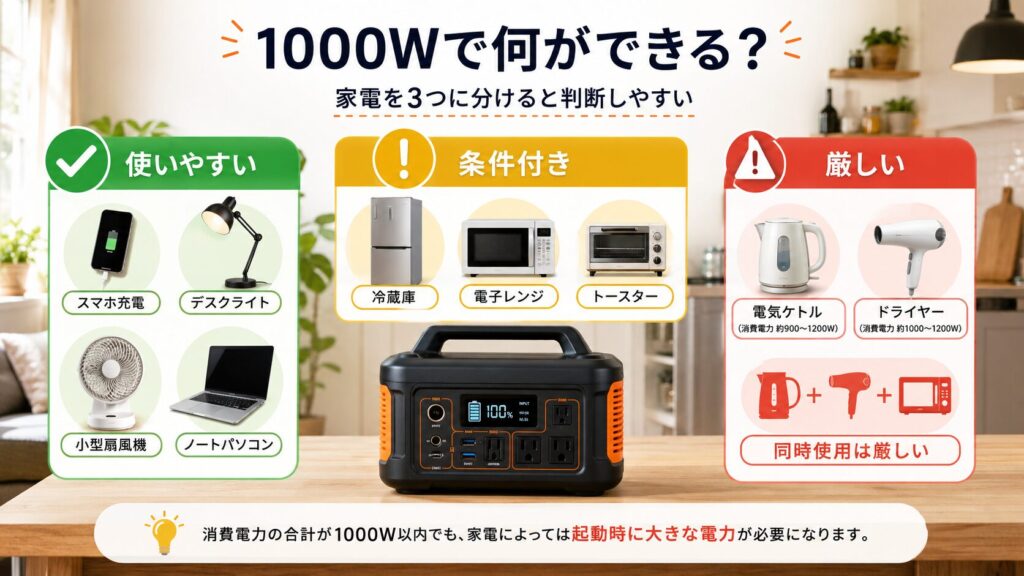 1000Wポータブル電源で使いやすい家電、条件付きの家電、厳しい家電を3分類した図解