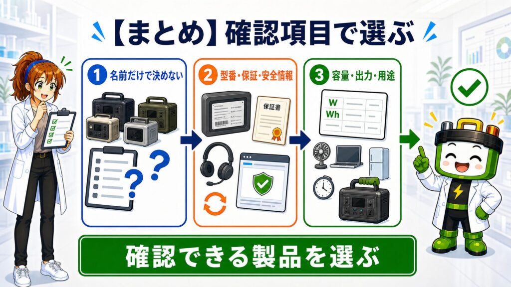 メーカー名だけで決めず、型番・保証・安全情報と容量・出力・用途を確認してポータブル電源を選ぶ3ステップ
