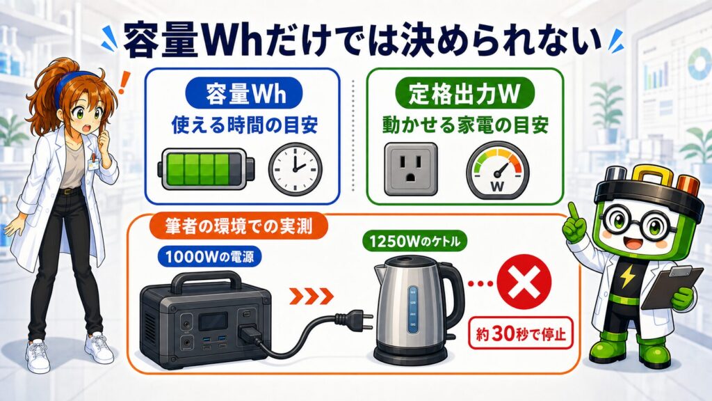 容量Whは使える時間、定格出力Wは動かせる家電の目安と示し、1000Wの電源で1250Wのケトルが約30秒で停止した実測を説明する図解