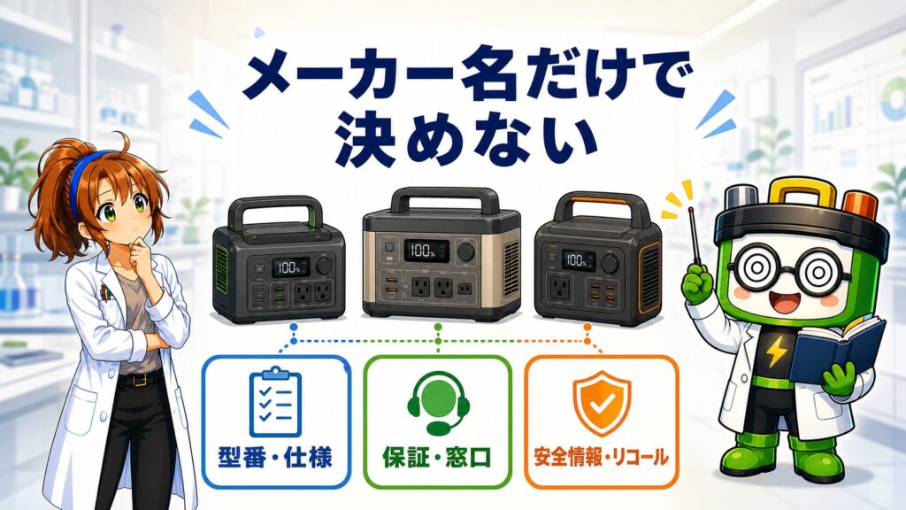 メーカー名だけで決めず、型番・仕様、保証・窓口、安全情報・リコールを確認するポータブル電源の選び方
