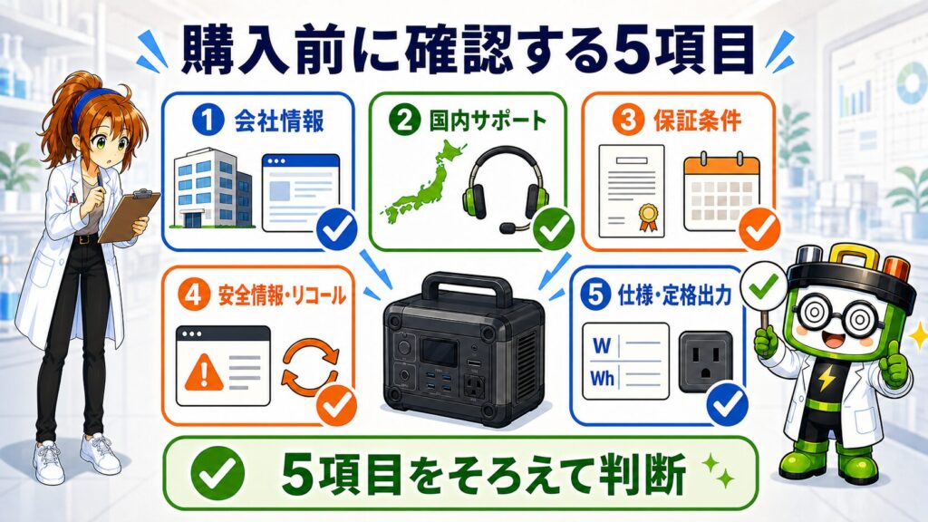 会社情報、国内サポート、保証条件、安全情報・リコール、仕様・定格出力の5項目を購入前に確認する図解