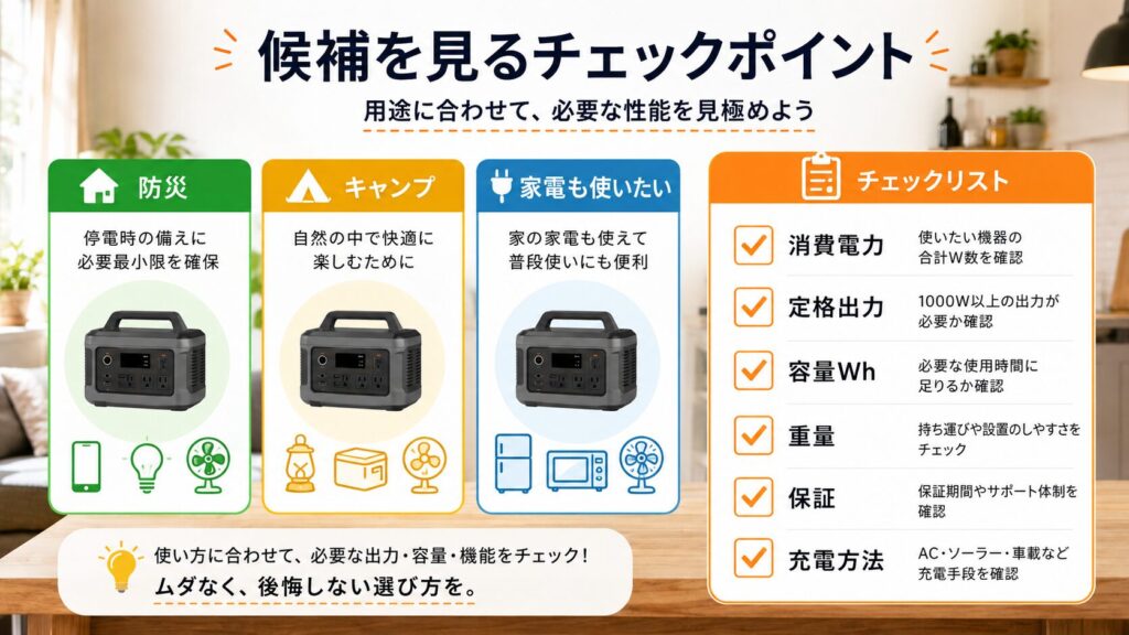 1000W前後のポータブル電源を選ぶときのチェック項目をまとめた図解