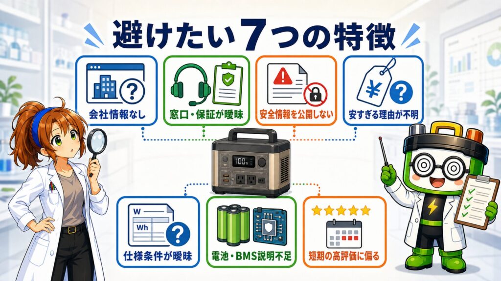会社情報、保証、安全情報、価格、仕様条件、電池・BMS、評価履歴から避けたいポータブル電源の7つの特徴を確認する図解