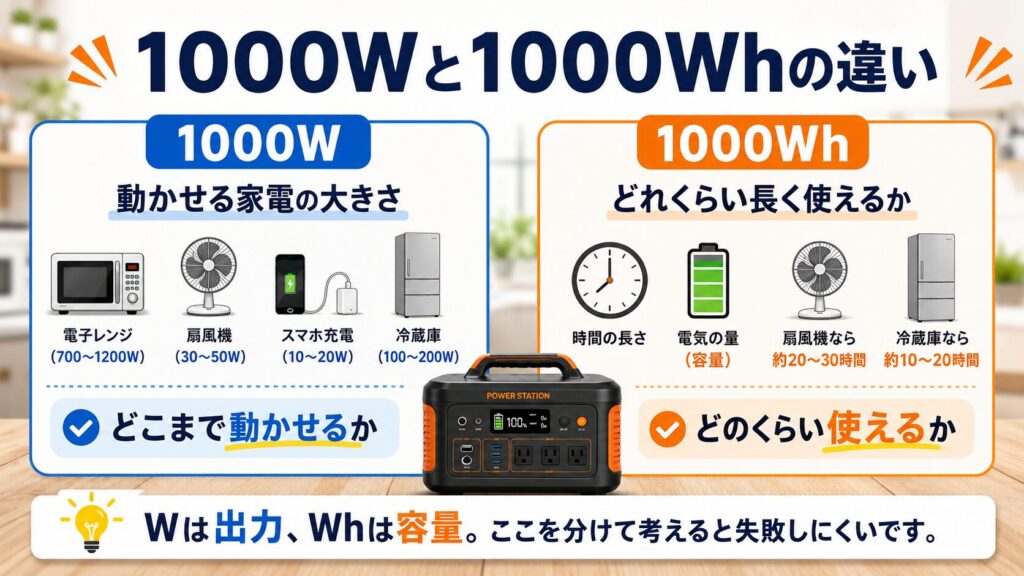 1000Wと1000Whの違いを、出力と容量に分けて説明した図解