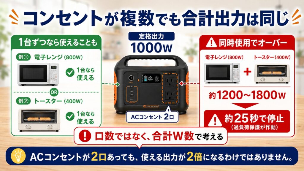 ポータブル電源のACコンセントが複数あっても合計出力は増えないことを説明した図解