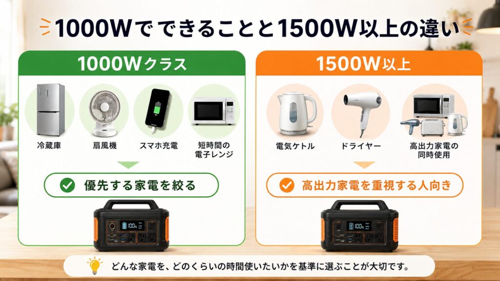 1000Wでできることと1500W以上を比較したまとめ図解