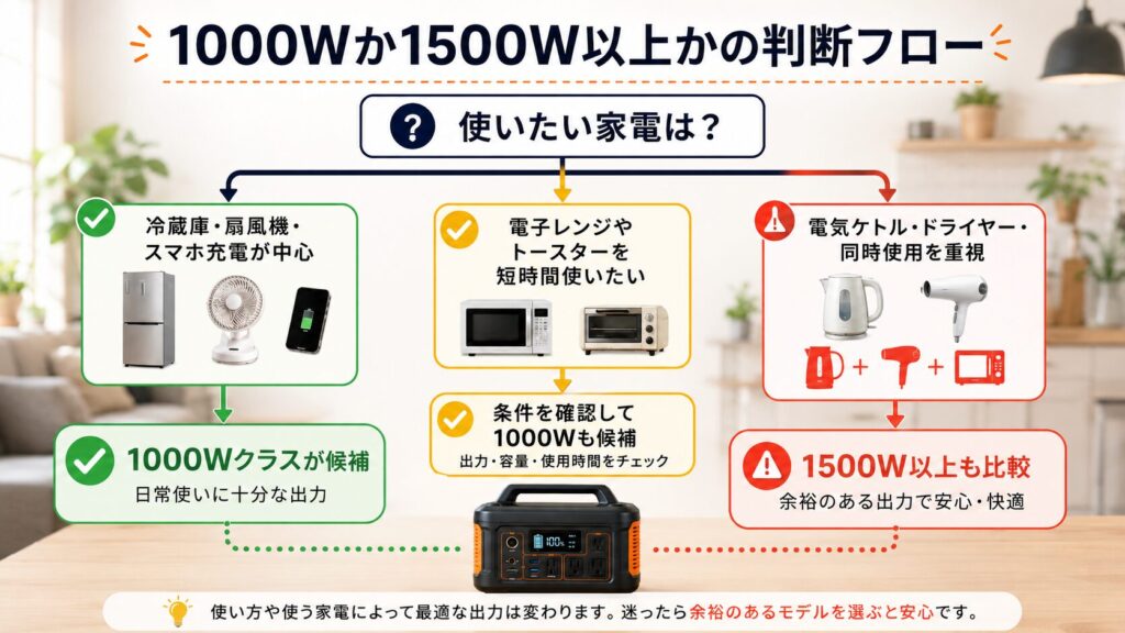 1000Wか1500W以上かを選ぶための確認ポイントを整理した図解