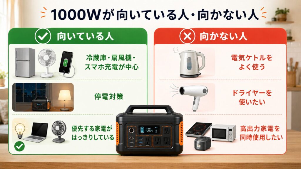 1000Wポータブル電源が向いている人と向かない人を比較した図解