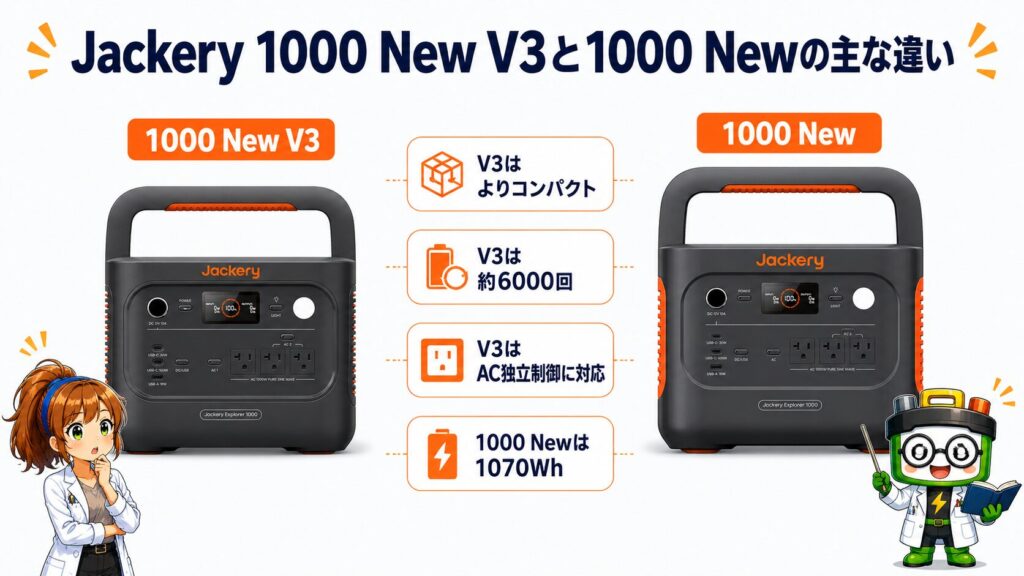 Jackery 1000 New V3と1000 Newの主な違いを比較したイメージ画像