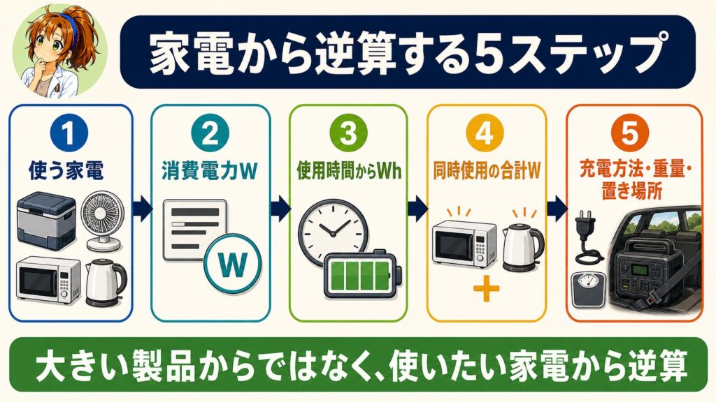 使いたい家電から消費電力W、使用時間とWh、同時使用の合計W、充電方法・重量・置き場所を確認する5ステップ
