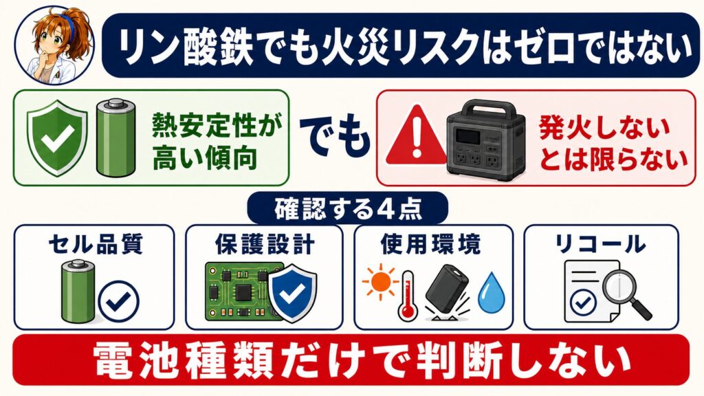 リン酸鉄リチウム電池は熱安定性が高い傾向でも火災リスクはゼロではなく、4つの安全確認が必要なことを示す図解