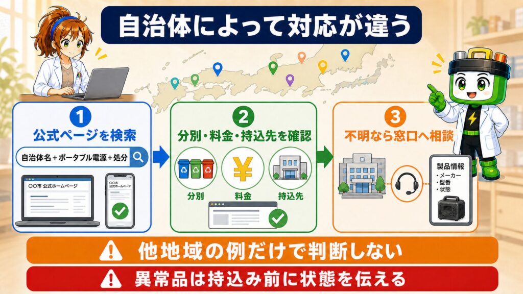 住んでいる自治体の公式ページを検索し、分別・料金・持込先を確認して、不明点を窓口へ相談する3ステップの図解