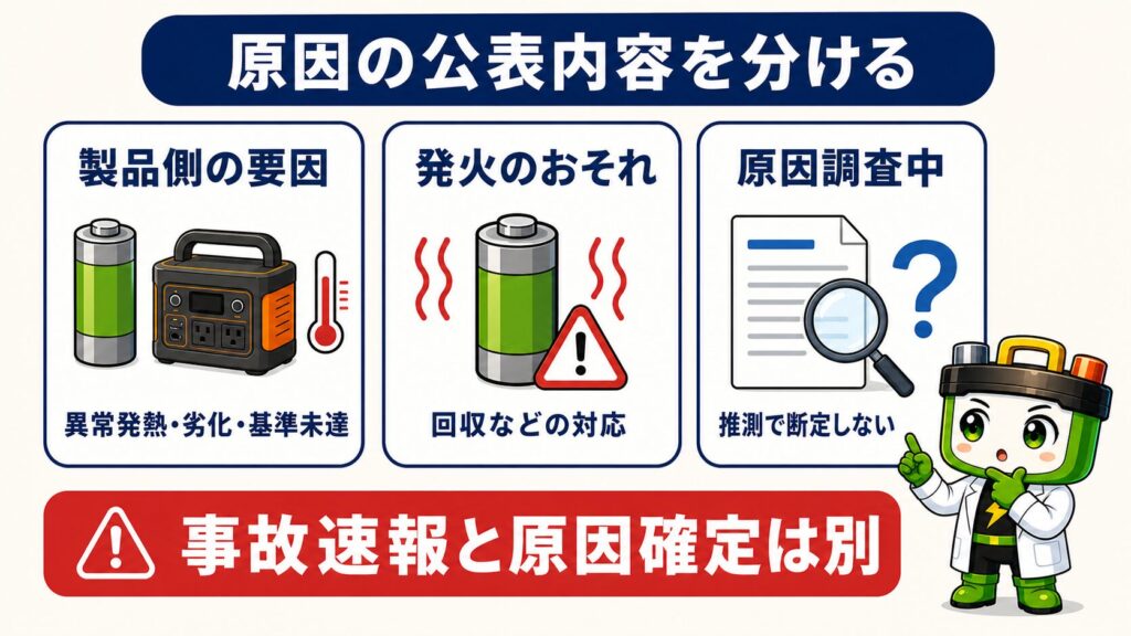 ポータブル電源火災の公表内容を製品側の要因、発火のおそれ、原因調査中に分けた図解