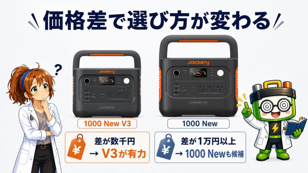 Jackery 1000 New V3と1000 Newを価格差で選ぶ目安を示したイメージ画像