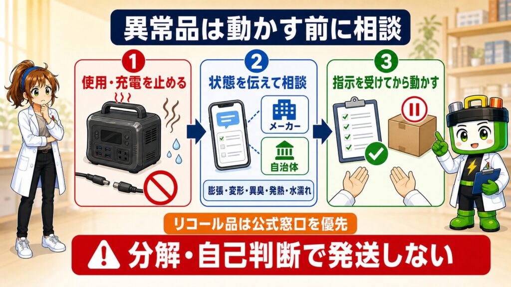 膨張・変形・異臭・発熱・水濡れのあるポータブル電源は使用と充電を止め、メーカーや自治体へ相談してから動かす手順を示す図解