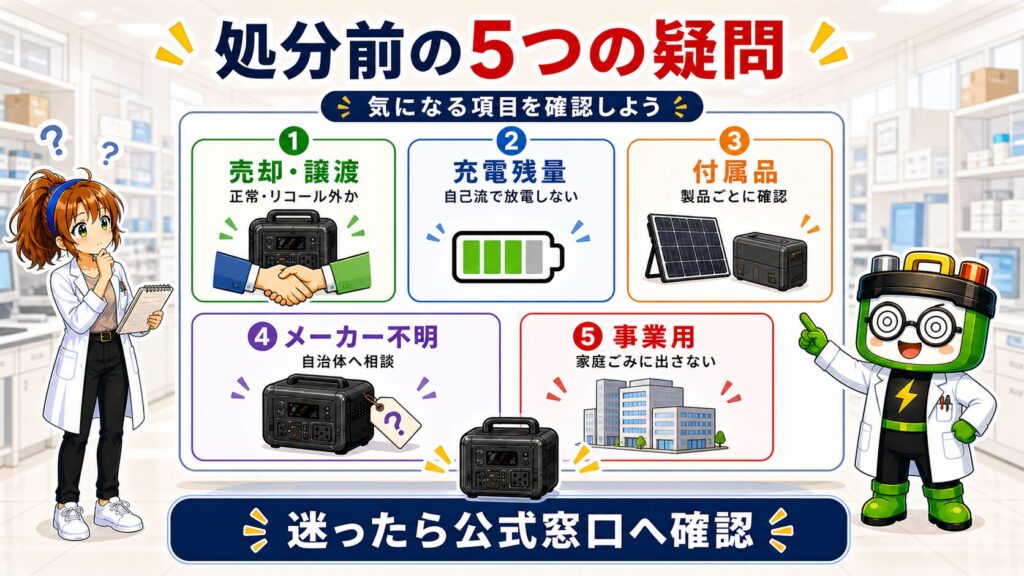 ポータブル電源の処分前に迷いやすい売却・譲渡、充電残量、付属品、メーカー不明品、事業用製品の5つの疑問を整理した図解