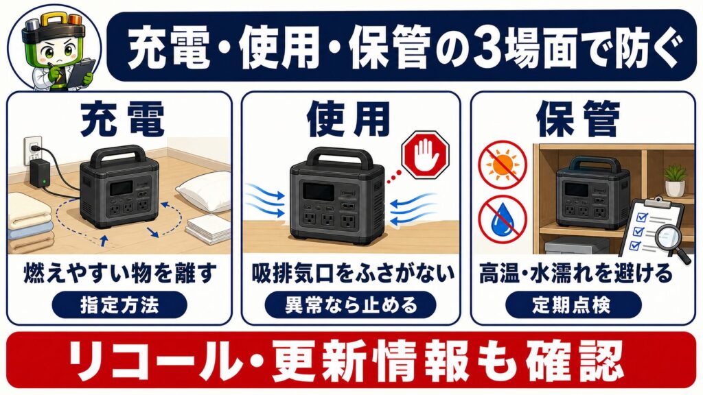 ポータブル電源の充電、使用、保管で火災を防ぐ注意点を3場面に分けた図解