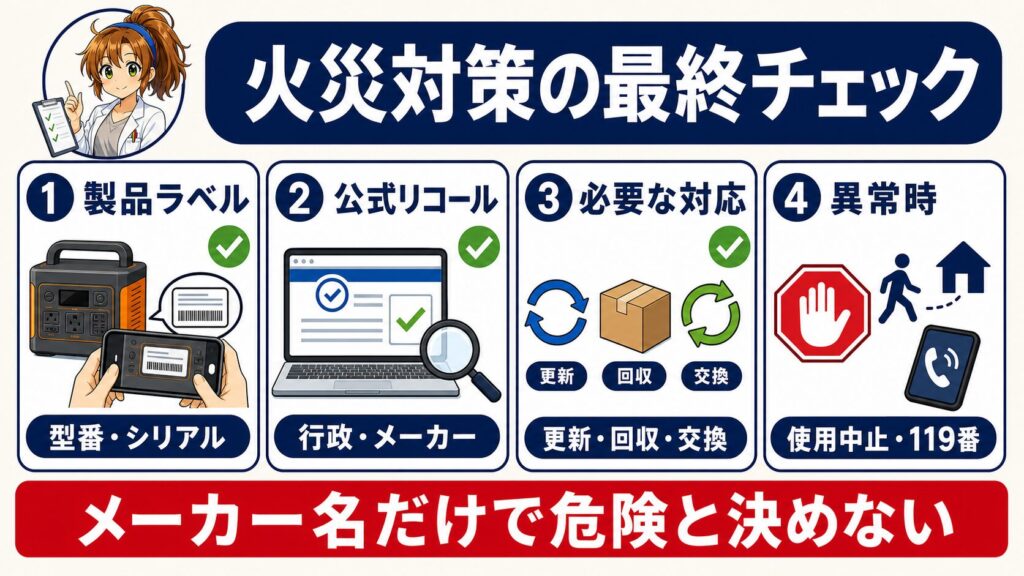 ポータブル電源火災を防ぐために製品ラベル、公式リコール、更新・回収・交換、異常時の行動を確認するまとめ図