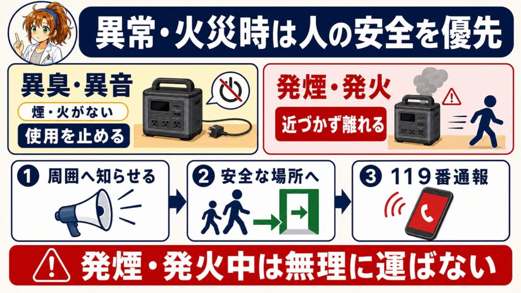 ポータブル電源の異臭や異音では使用を止め、発煙や発火では離れて周囲へ知らせ119番通報する行動図