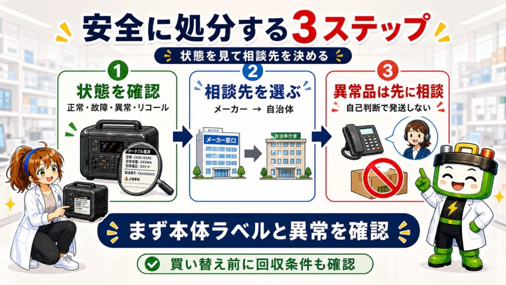 ポータブル電源の状態を確認し、メーカーから自治体へ相談先を選び、異常品は自己判断で発送しない3ステップを示す図解
