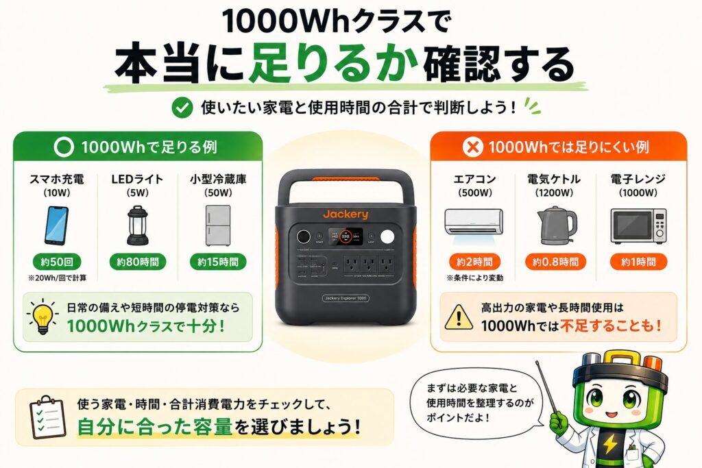 1000Whクラスで足りる使い方と足りにくい使い方を比較したイメージ画像