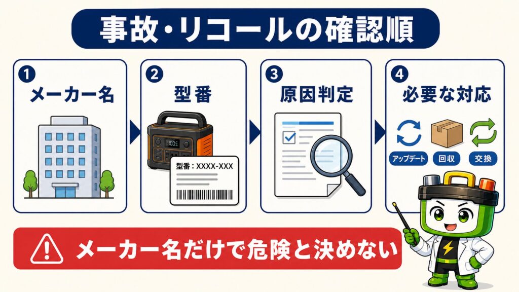 ポータブル電源の火災事故とリコールをメーカー名、型番、原因判定、必要な対応の順に確認する図解