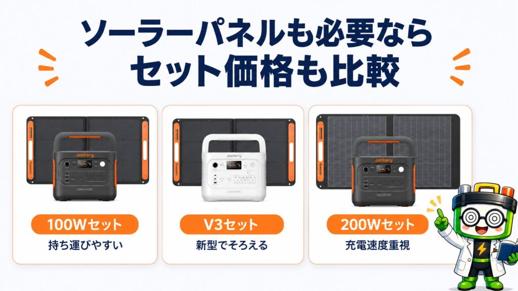 Jackeryの100W・V3・200Wソーラーパネルセットを比較したイメージ画像