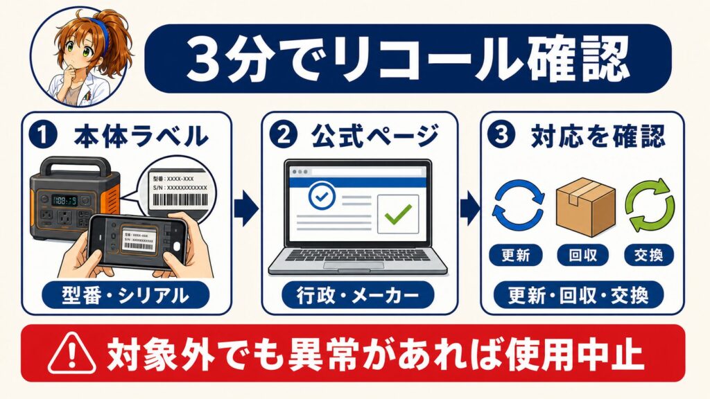 ポータブル電源の本体ラベル、公式ページ、更新・回収・交換を順に確認する3ステップ図解