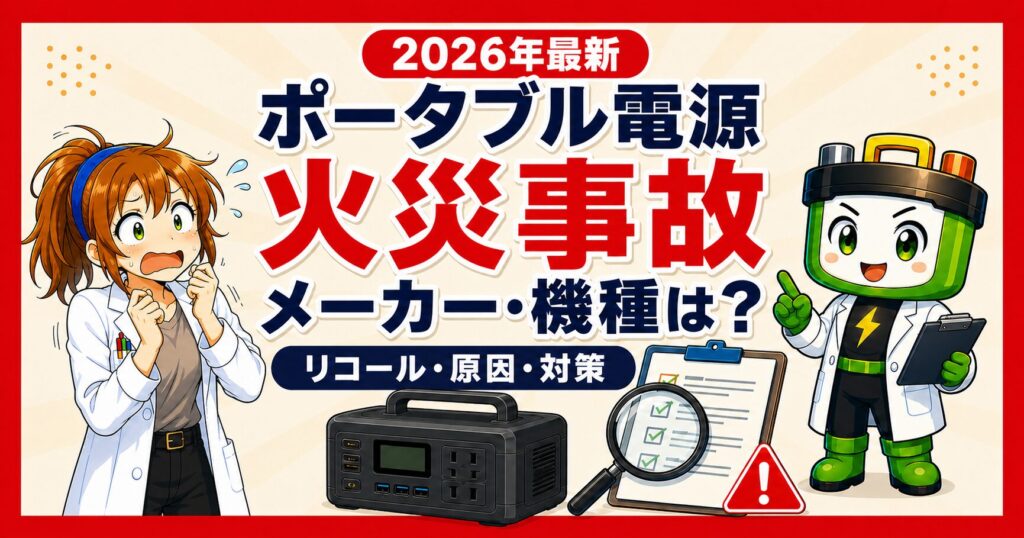 ポータブル電源の火災事故について、リコール対象メーカーや機種、原因と対策を解説する記事のアイキャッチ画像