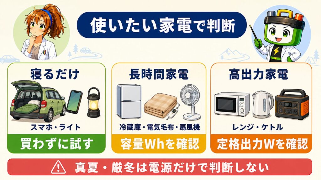 車中泊で使いたい家電からポータブル電源の必要性を3段階で判断する図