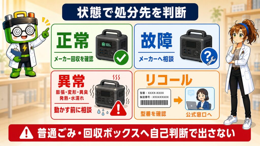 ポータブル電源を正常、故障、異常、リコールの4状態に分け、メーカー回収や公式窓口などの相談先を示す図解