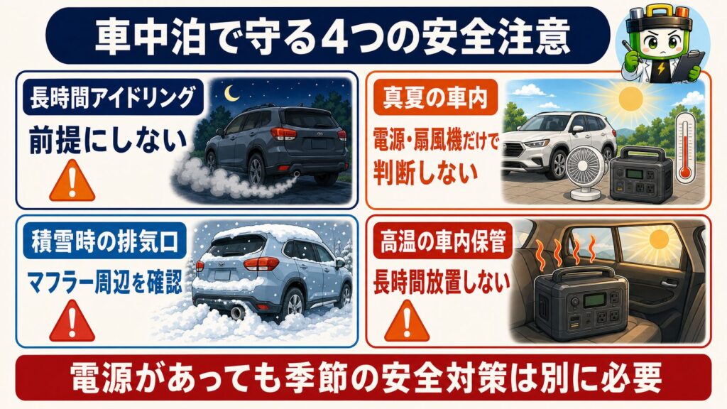 車中泊で注意したい長時間アイドリング、真夏の車内、積雪時の排気口、高温の車内保管の4項目
