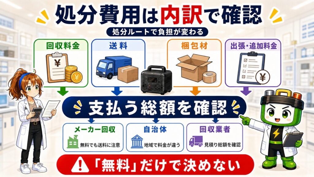 ポータブル電源の処分費用を回収料金、送料、梱包材、出張・追加料金に分け、処分ルートごとの総額確認を促す図解