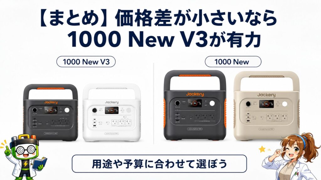 1000 New V3と1000 Newの各カラーを並べ、価格差が小さいならV3が有力とまとめたイメージ画像