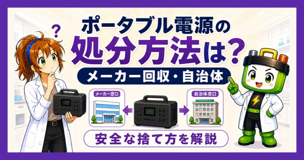ポータブル電源の処分方法と、メーカー回収・自治体への相談を案内する記事のアイキャッチ