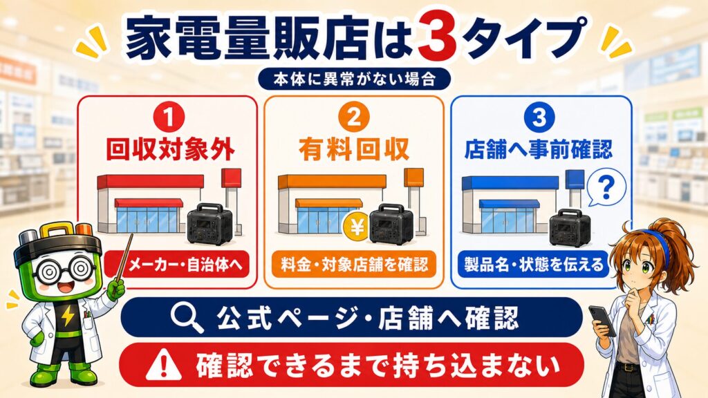 家電量販店のポータブル電源回収を、回収対象外、有料回収、店舗への事前確認の3タイプに分けた図解